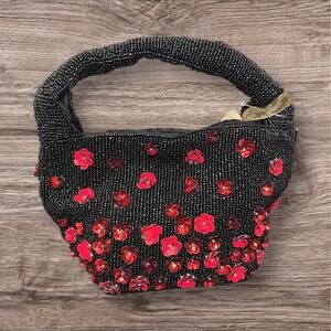 Viral From India to You Small Black Beaded Bag Red Sequin Floral Boho Whimsigoth